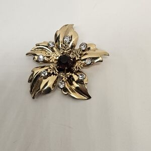 Flower Brooch Pin Clear & Brown Topaz Rhinestones Crystals Gold Tone Vintage